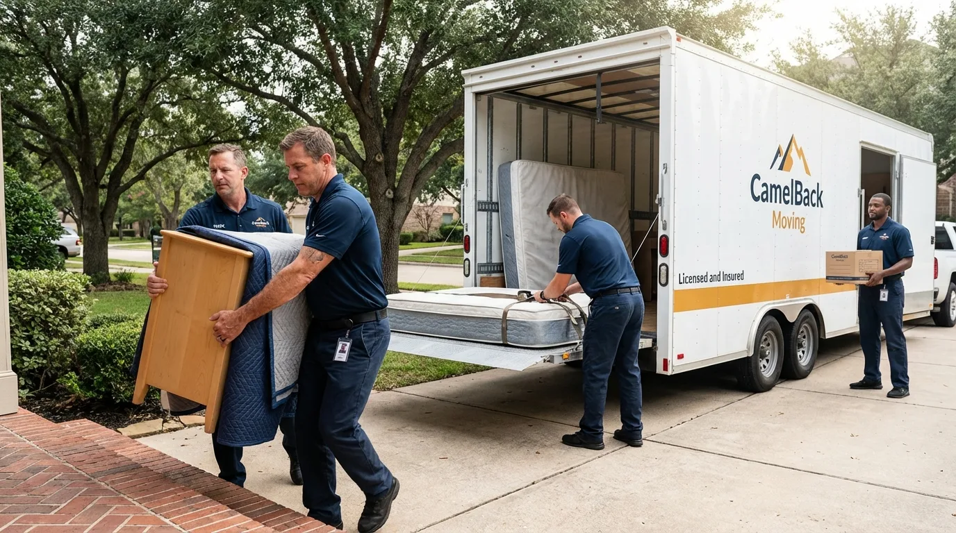 Crew loading residential truck for cross-state move from White Oak, TX