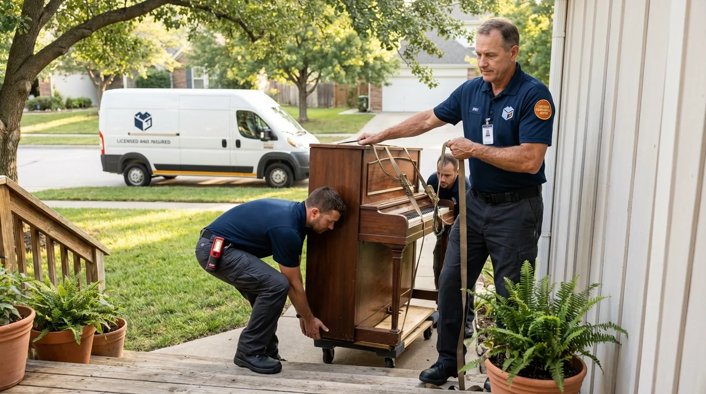 Licensed piano movers securing grand piano in White Oak, TX