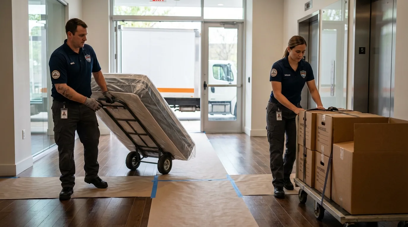 Professional apartment movers loading elevator in White Oak, TX