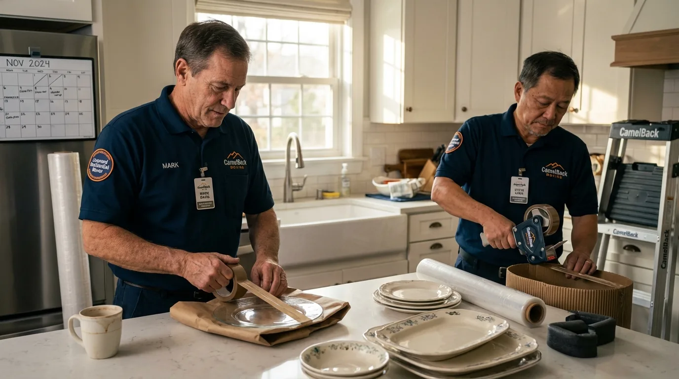 Professional crew packing kitchen dishware in White Oak, TX